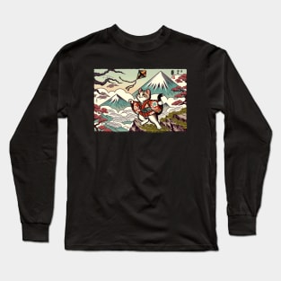 Vintage Japanese Art Kite Flying Mountain Mt. Fuji Cute Cat T-Shirt Long Sleeve T-Shirt